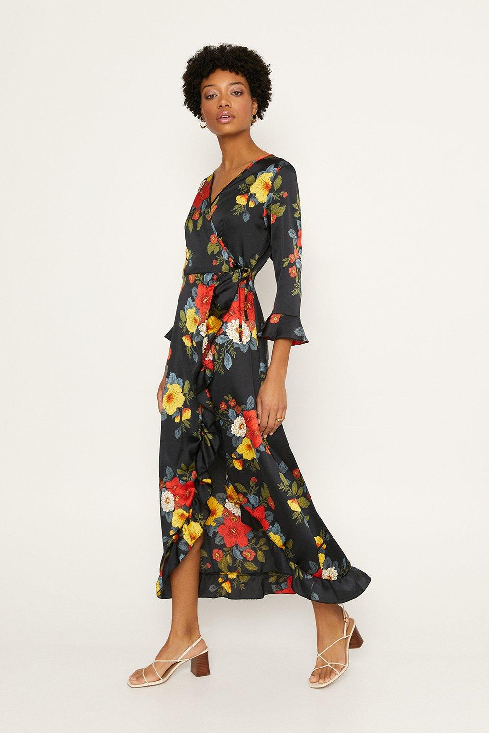 Floral Satin Wrap Midi Dress | Oasis